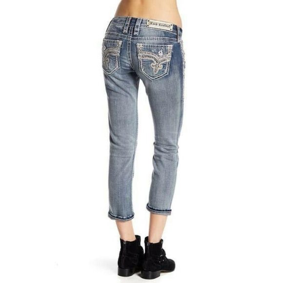 Rock Revival Jeans Sz 24 Embroidered Cropped Skinn - Picture 3 of 10